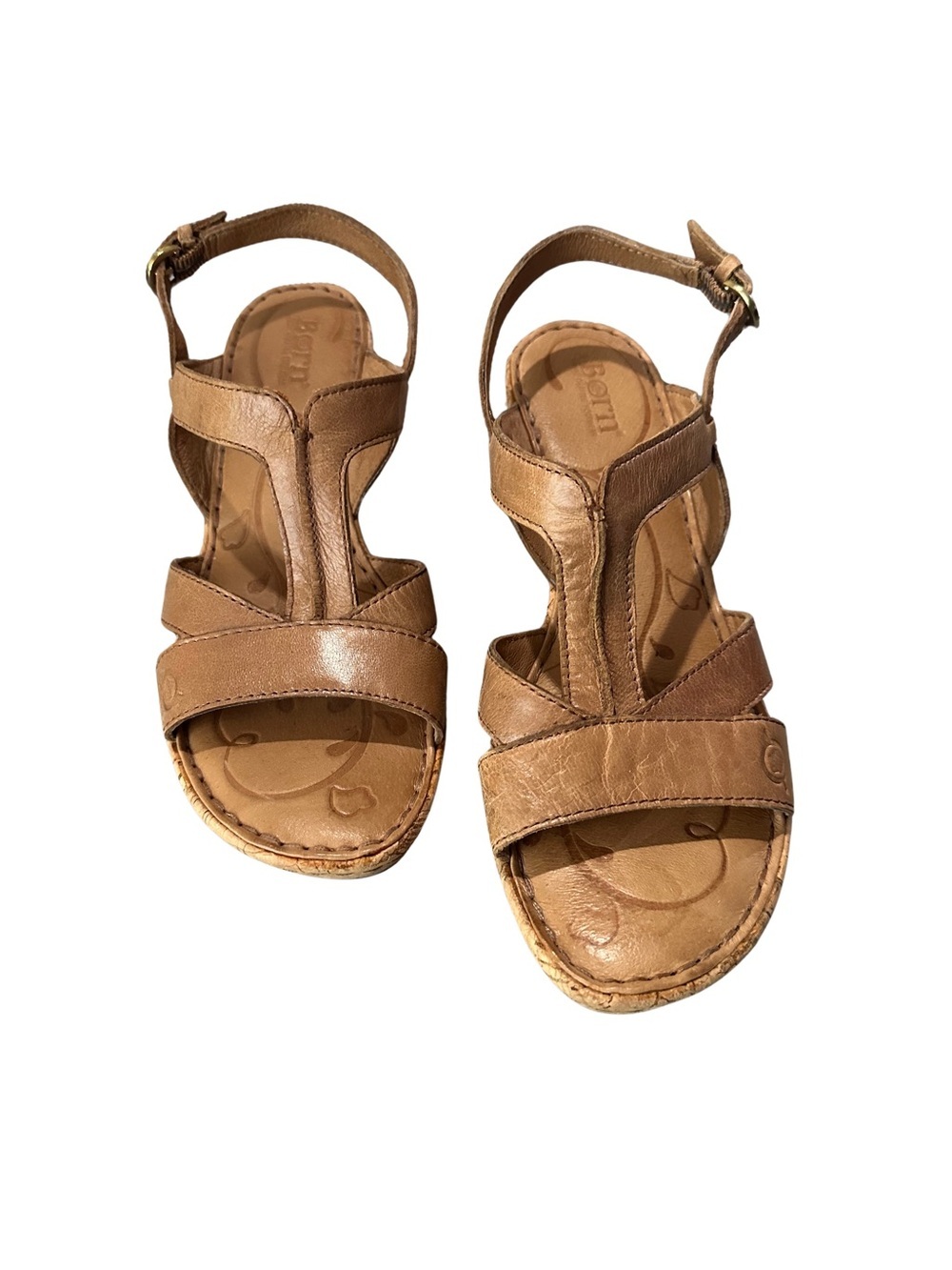 Born Tan Leather T-Strap Cork Wedge Sandals Size 7 Boho Summer
